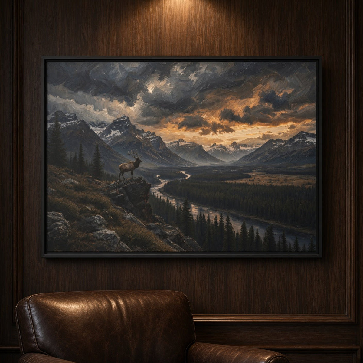 Framed black canvas wall art with mountain landscape, river, and horses