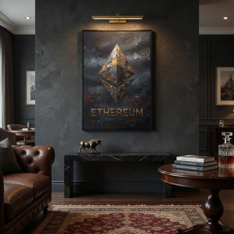 Framed Ethereum logo wall art with gold diamond emblem and ETHEREUM wordmark