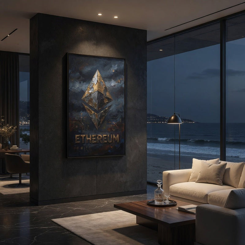 Framed portrait canvas wall art showing Ethereum diamond logo and ETHEREUM text