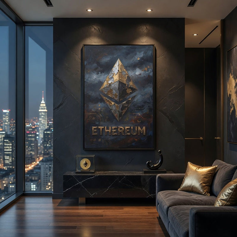 Framed Ethereum logo artwork with gold diamond symbol and ETHEREUM wordmark