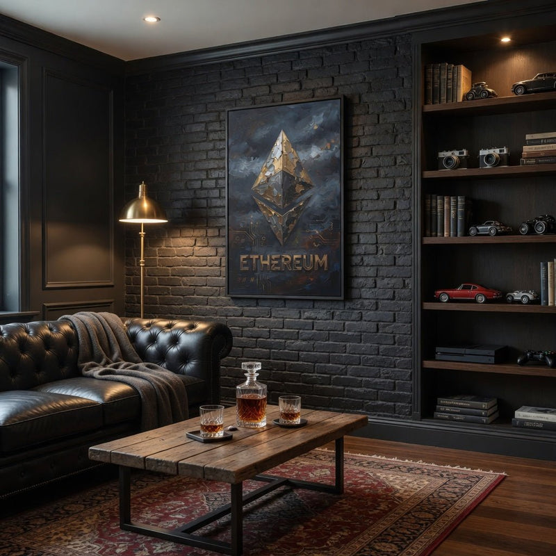Framed Ethereum logo matte canvas wall art featuring gold diamond emblem and ETHEREUM text