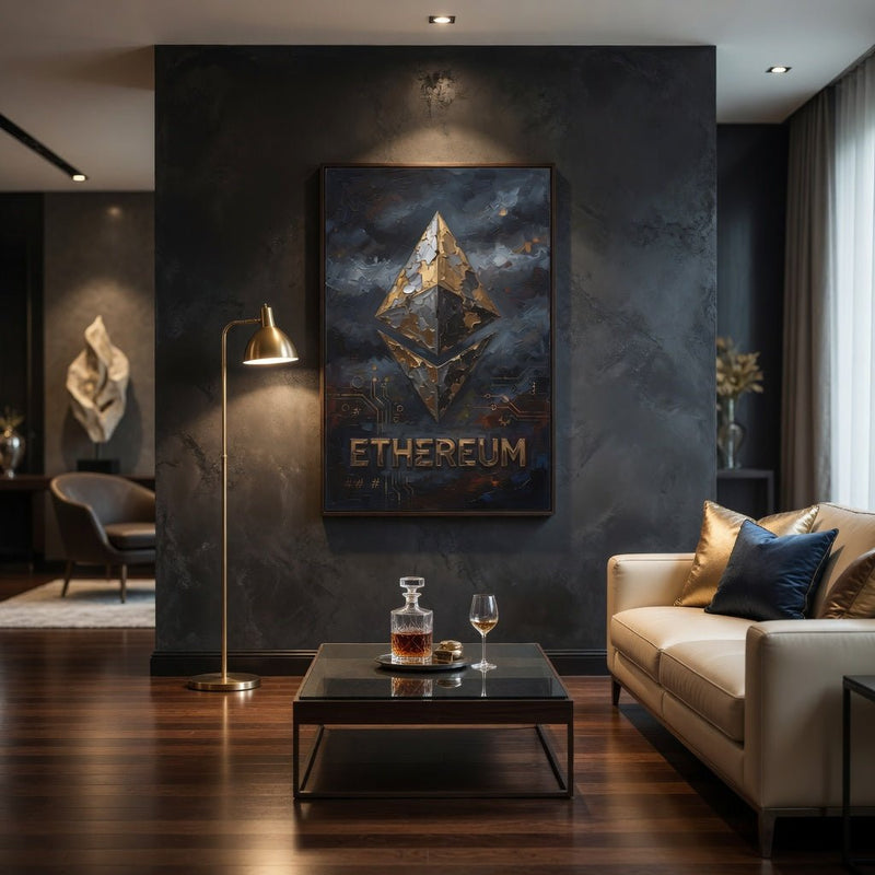 Framed canvas wall art with Ethereum diamond logo and ETHEREUM wordmark