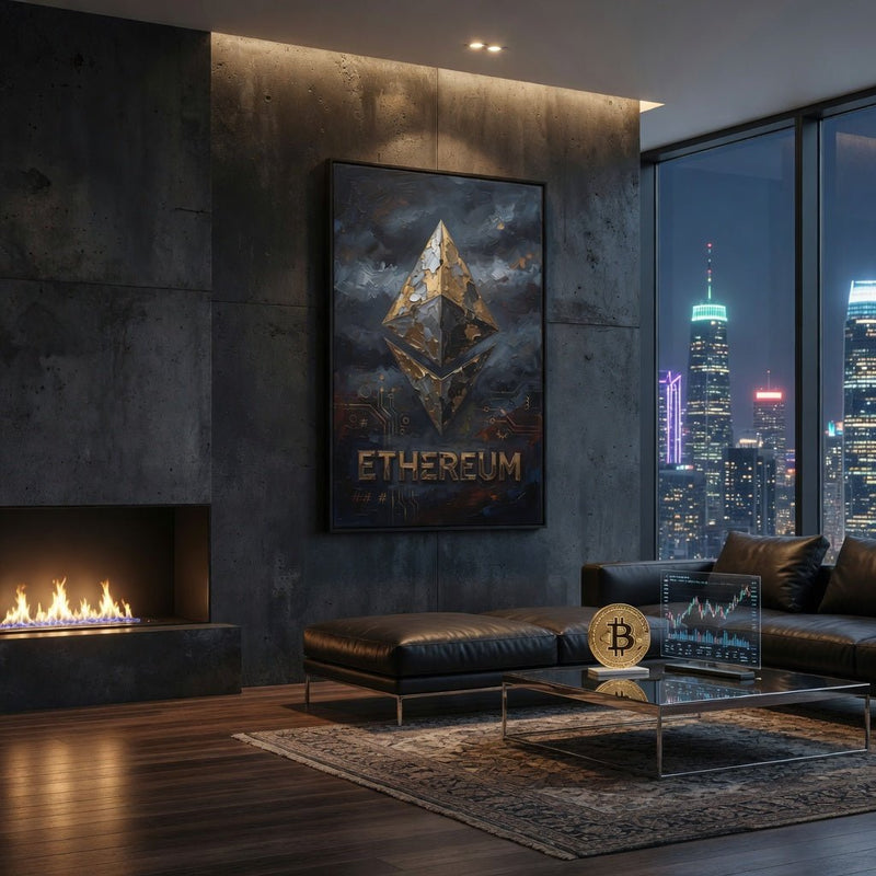 Framed Ethereum logo canvas wall art with gold diamond emblem and ETHEREUM text
