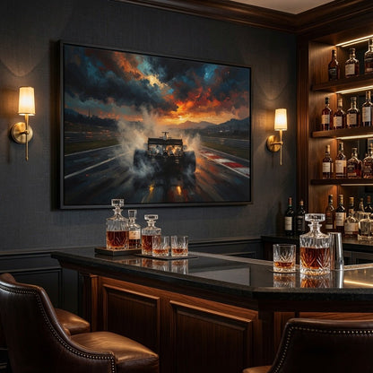 Framed racing car canvas print on wall, stormy sunset colors and smoke on the track
