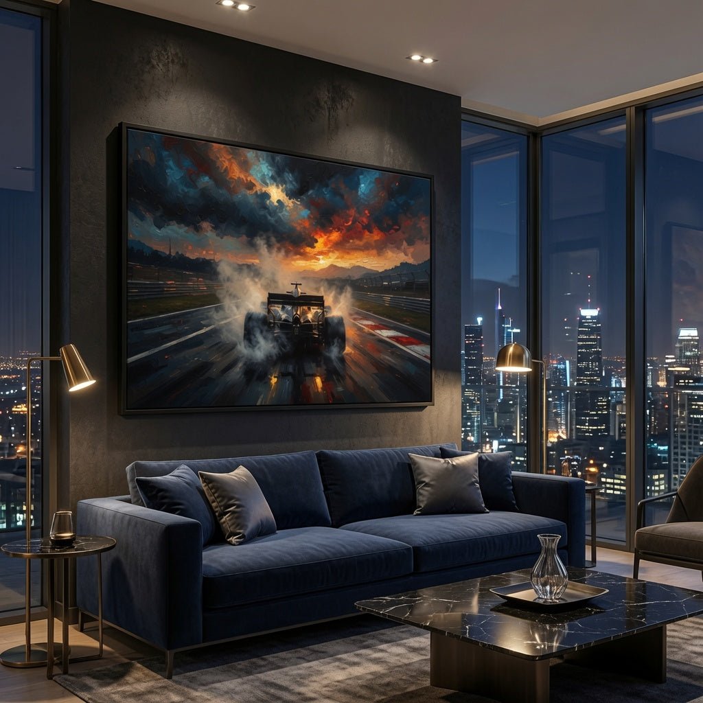 Framed racing car canvas print with dark clouds, bright sunset, and smoke plume on track