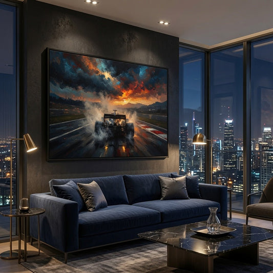 Framed racing car canvas print with dark clouds, bright sunset, and smoke plume on track