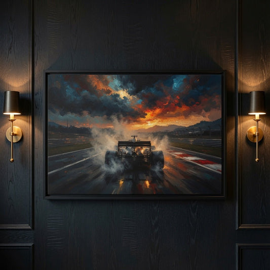 Close-up of black-framed racing car canvas print, dramatic sunset and smoke on track