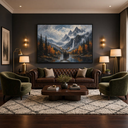Moose canvas wall art showing a moose, autumn forest, mountain peaks, and flowing water