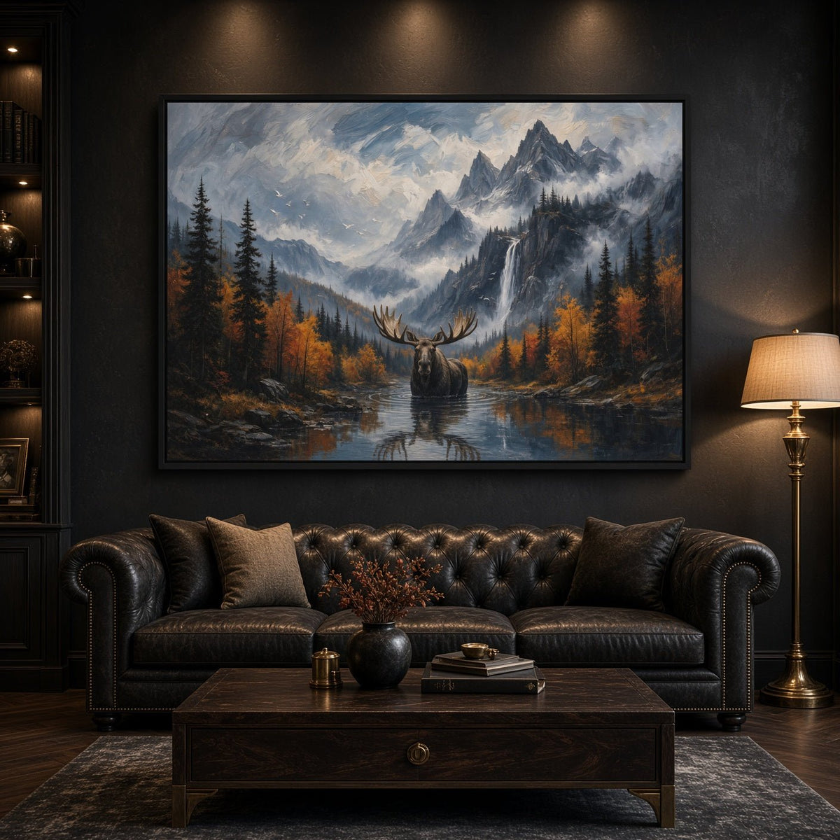 Moose canvas wall art showing a close view of a moose before mountains and autumn forest