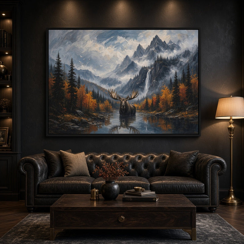 Moose canvas wall art showing a close view of a moose before mountains and autumn forest