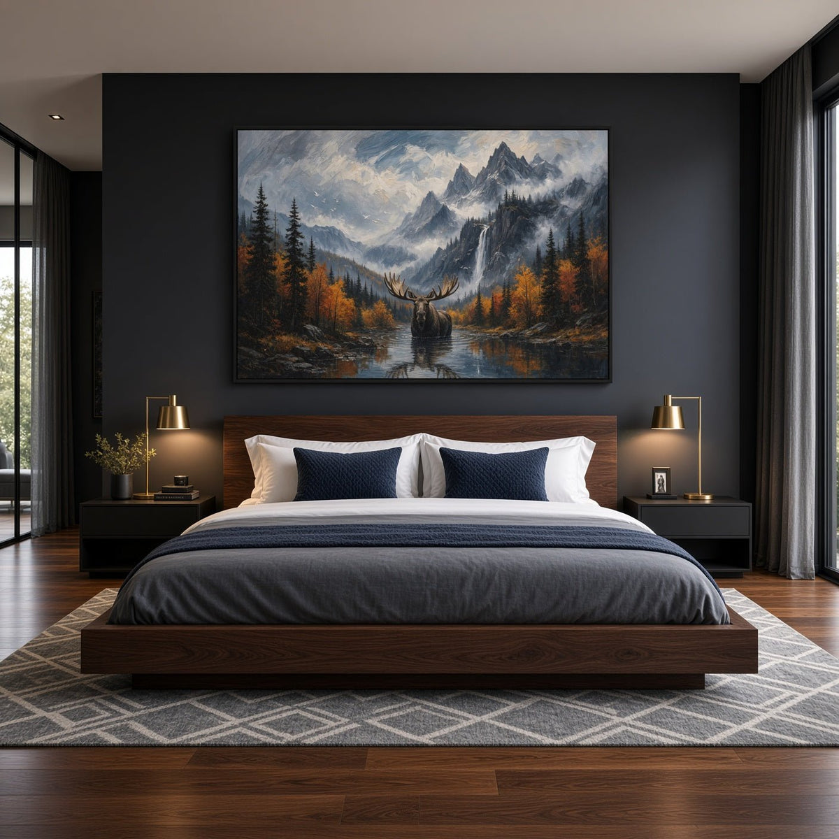 Moose canvas wall art depicting a moose by a mountain stream amid autumn trees