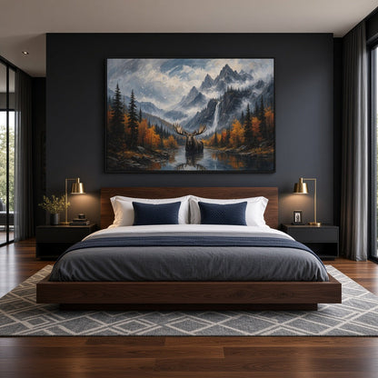 Moose canvas wall art depicting a moose by a mountain stream amid autumn trees