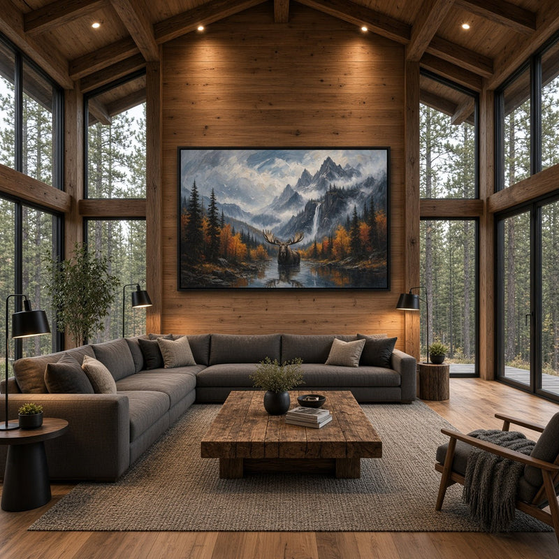 Moose canvas wall art with a moose standing in a reflective stream beneath mountains