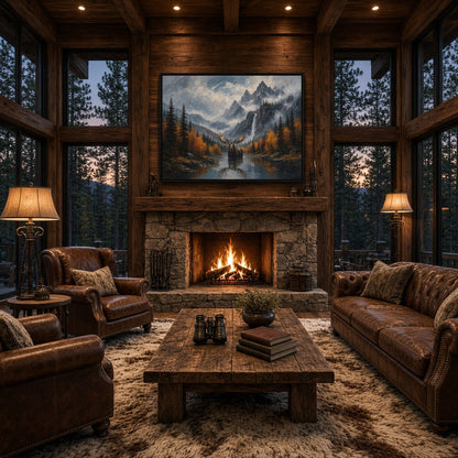 Moose landscape canvas displayed above a fireplace, featuring autumn trees and mountain scenery