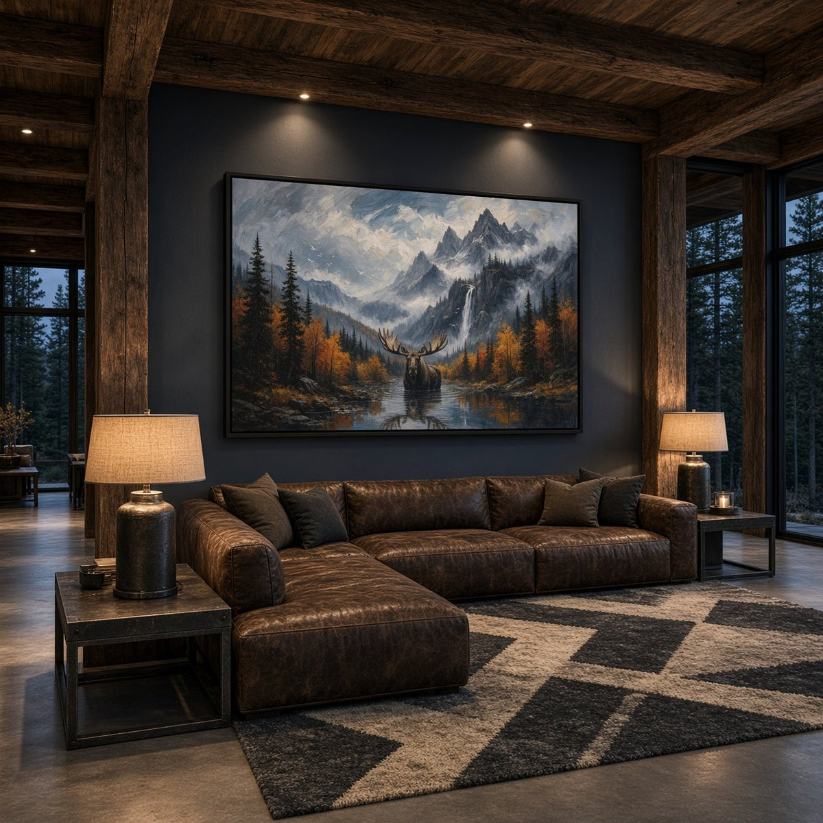 Moose canvas wall art showing a moose in a stream with mountains in the distance