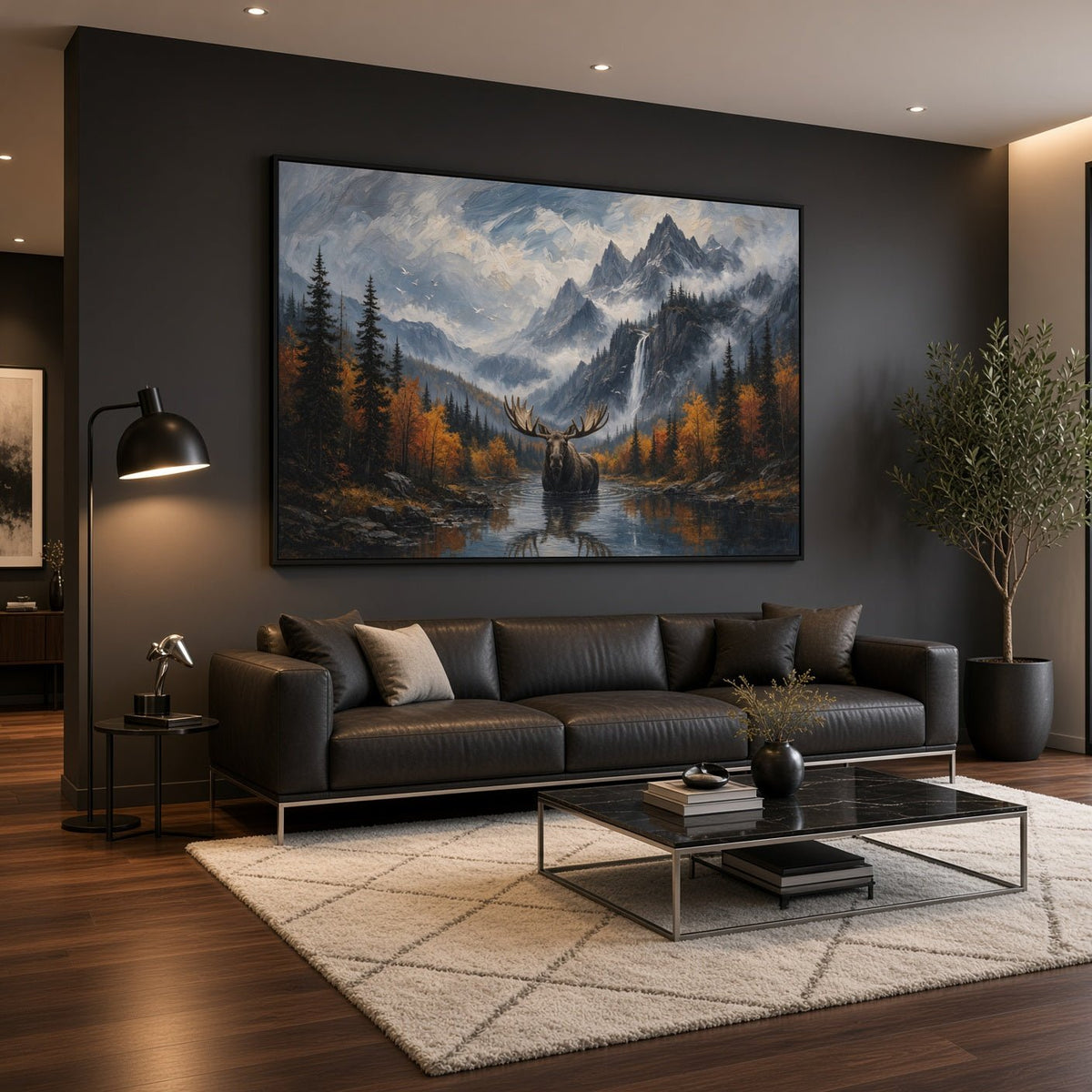 Moose canvas wall art depicting a moose beneath snowy peaks and beside autumn trees
