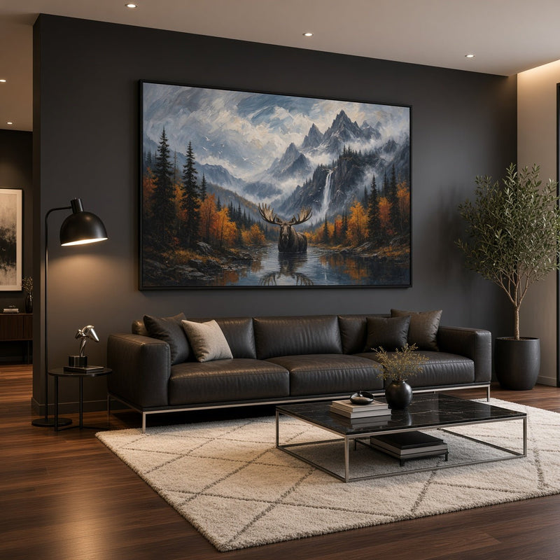 Moose canvas wall art depicting a moose beneath snowy peaks and beside autumn trees