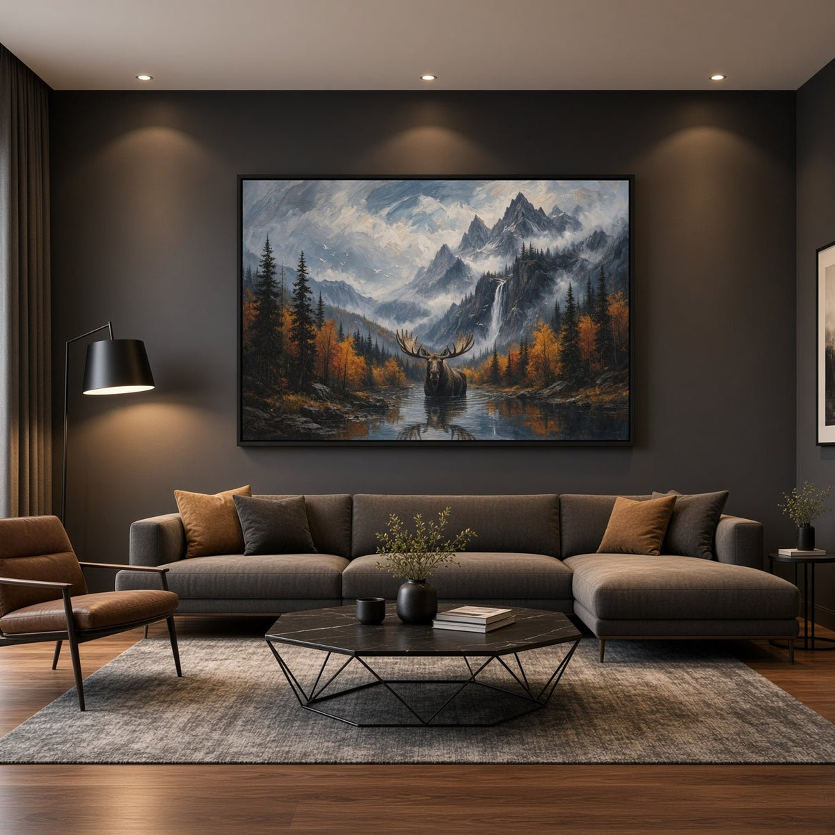Moose landscape canvas above a sofa, with autumn woods and a mountain waterfall