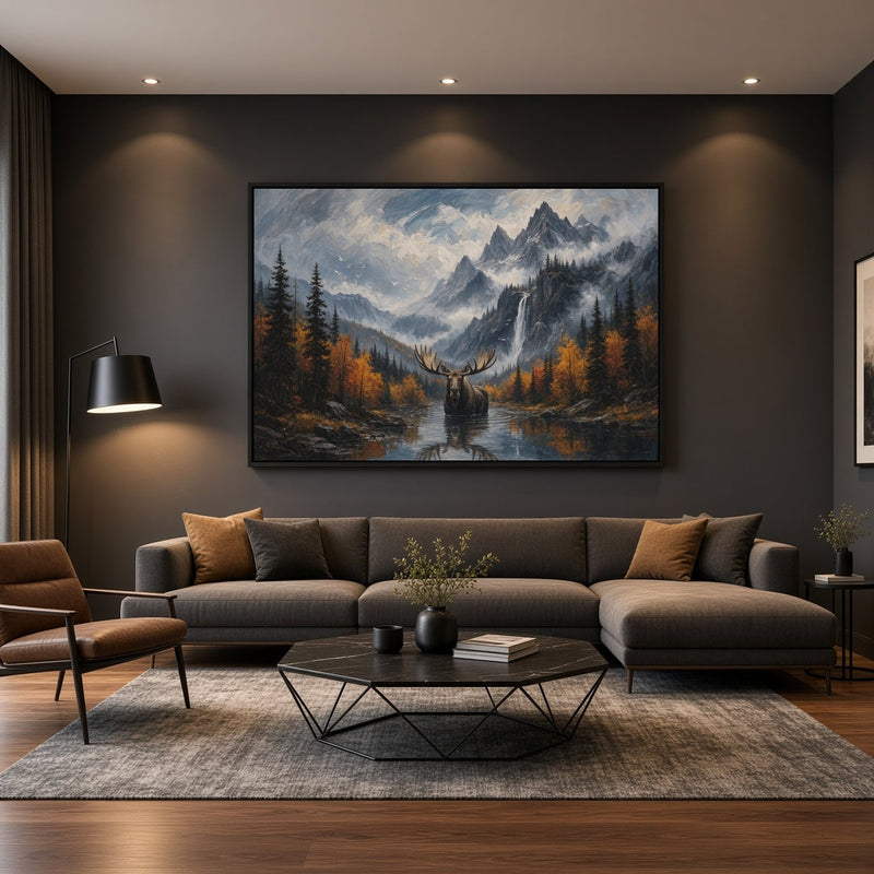 Moose landscape canvas above a sofa, with autumn woods and a mountain waterfall