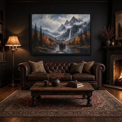 Moose wall canvas depicting a mountain lake framed by autumn trees