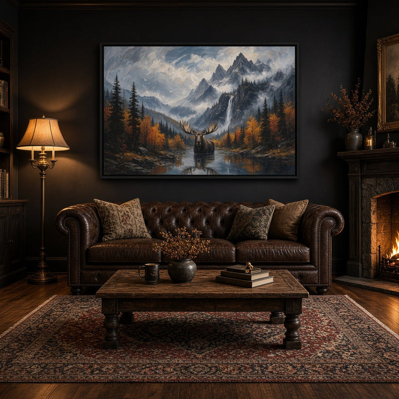 Moose wall canvas depicting a mountain lake framed by autumn trees