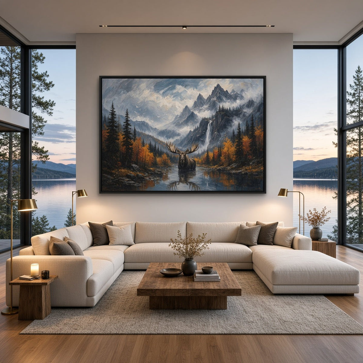 Moose canvas wall art with a mountain landscape, autumn trees, and a moose in a stream