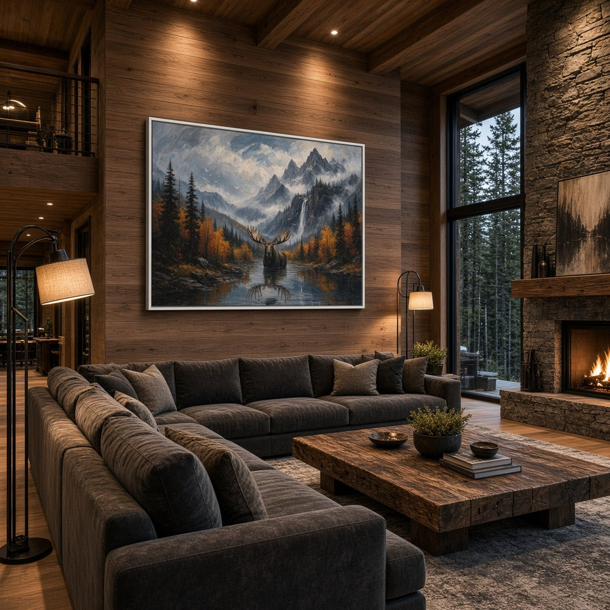 Moose canvas wall art featuring a central moose, mountain peaks, and fall-colored trees