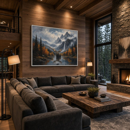 Moose canvas wall art featuring a central moose, mountain peaks, and fall-colored trees