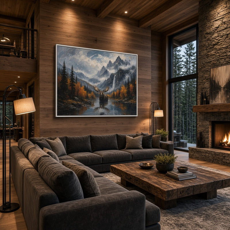 Moose canvas wall art featuring a central moose, mountain peaks, and fall-colored trees