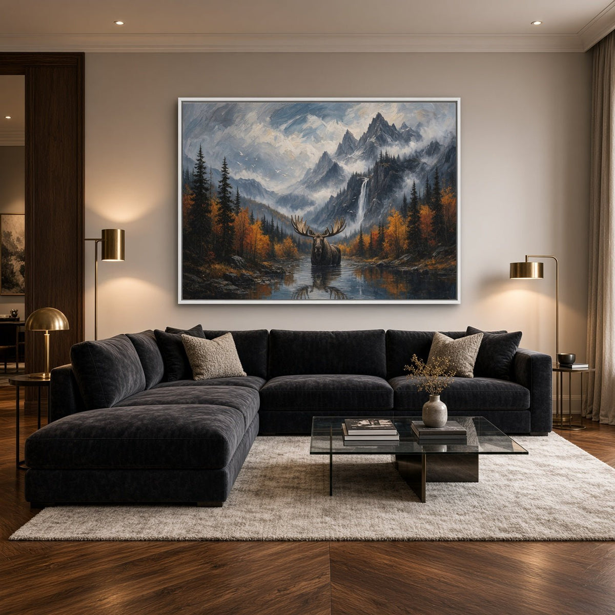 Moose canvas artwork with a waterfall, mountain peaks, autumn trees, and a moose in the lake