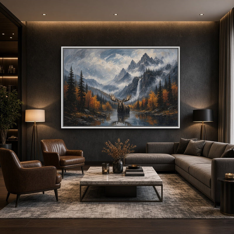 Moose canvas wall art showing a moose in an autumn forest lake beneath mountain peaks
