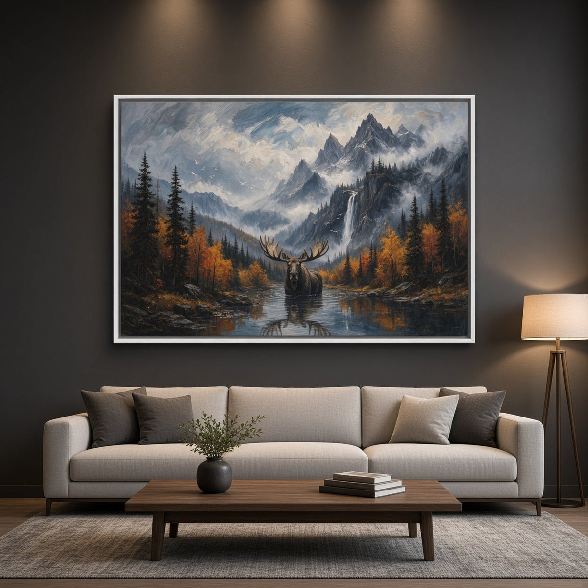 Moose canvas print with a lake, waterfall, autumn forest, and misty mountain peaks