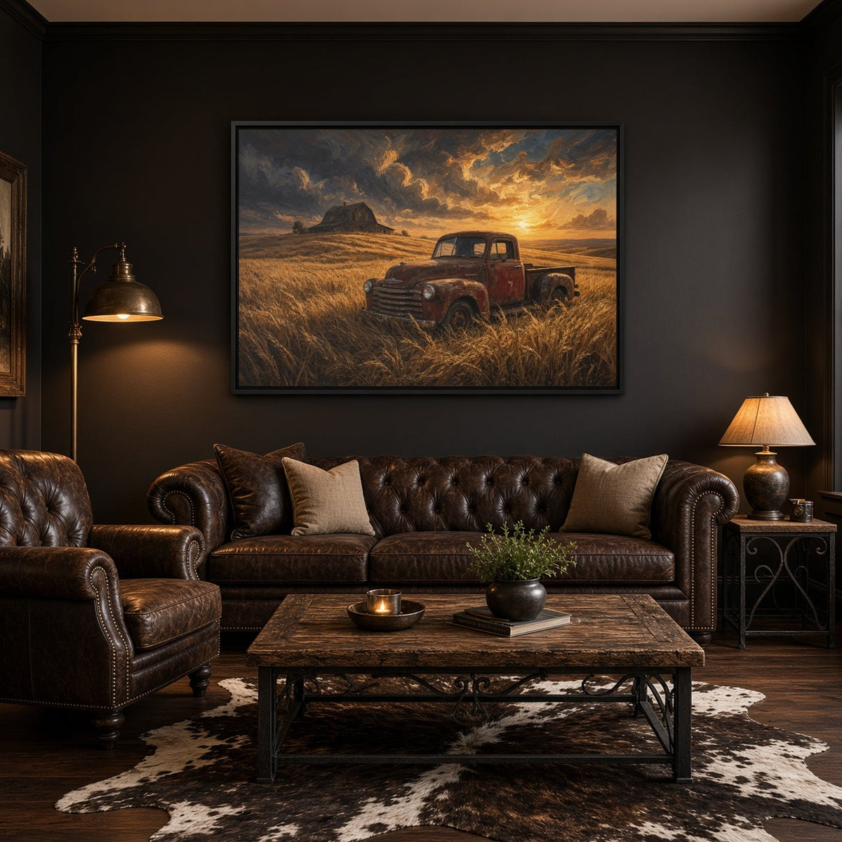 Framed canvas wall art showing a red farm truck at sunset over tall grass