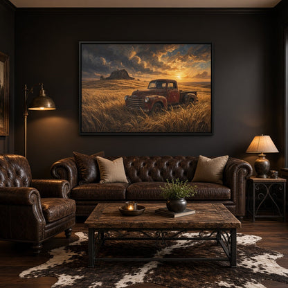 Framed canvas wall art showing a red farm truck at sunset over tall grass