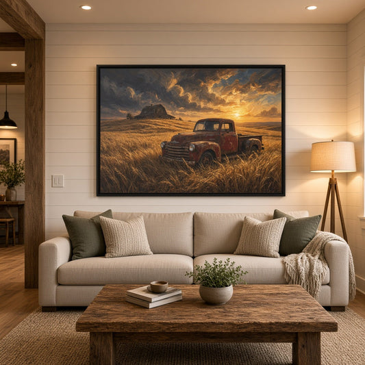 Framed canvas wall art of a red vintage pickup truck driving through tall golden grass