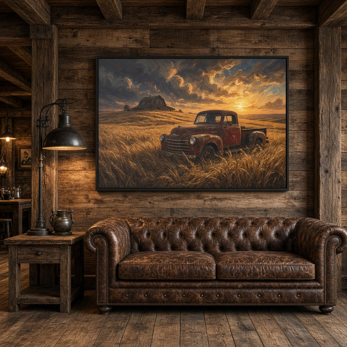 Framed canvas wall art with a red vintage truck driving through grass