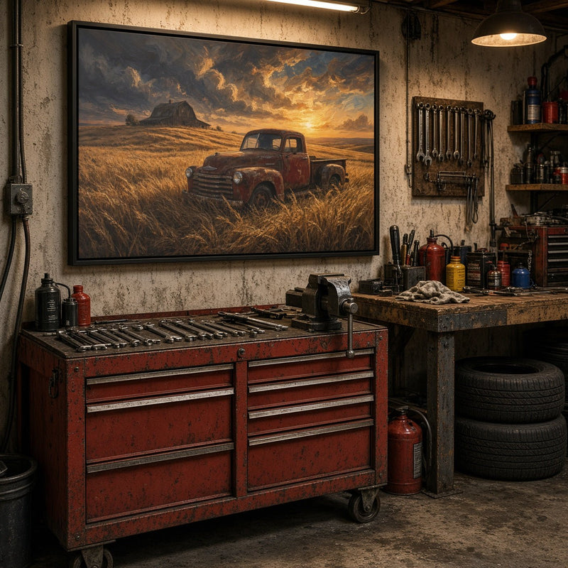 Framed canvas wall art featuring a red old farm truck in a golden field