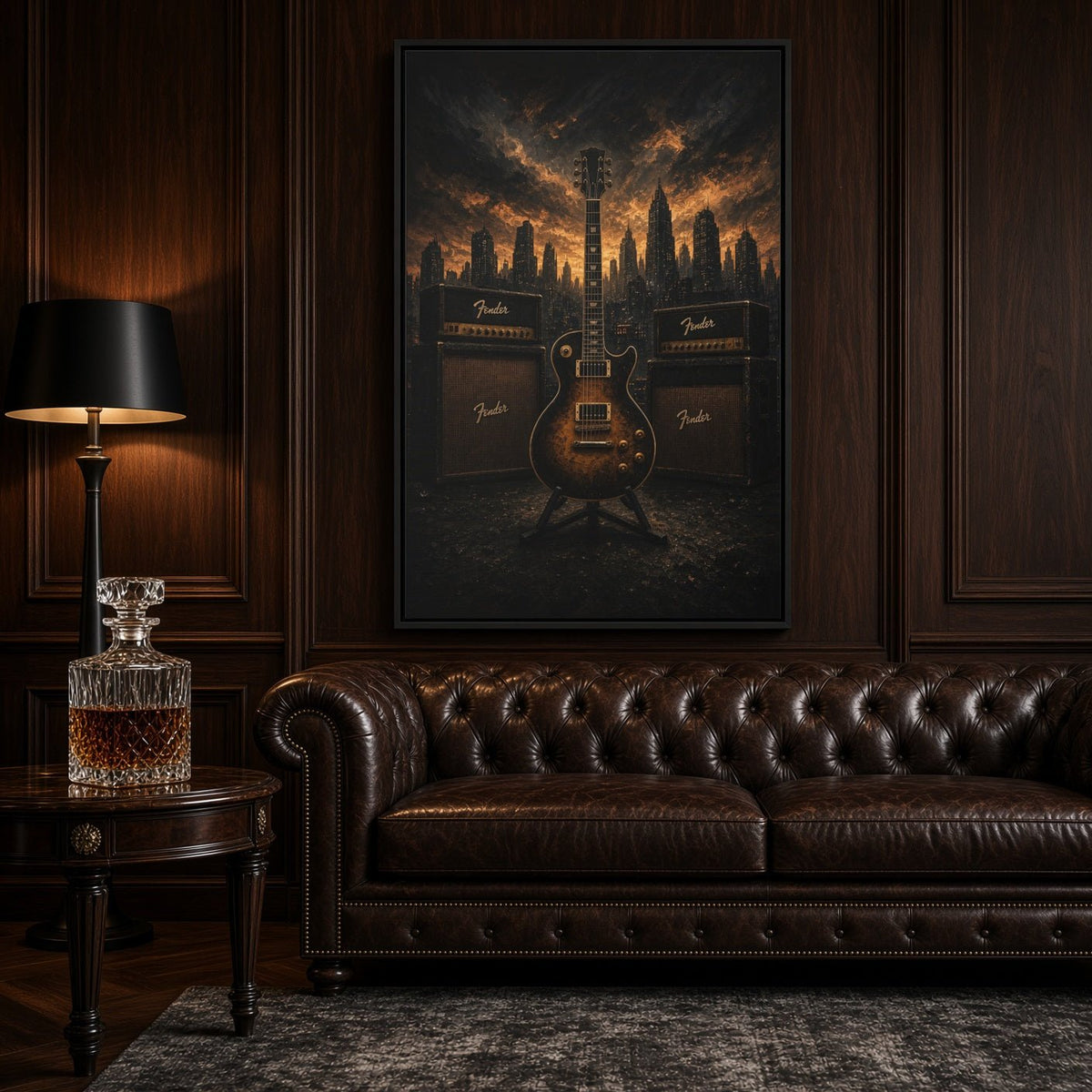 Guitar, Amps & Burning Skyline Cityscape Canvas