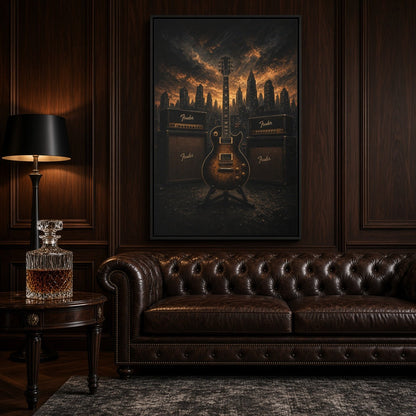 Guitar, Amps & Burning Skyline Cityscape Canvas