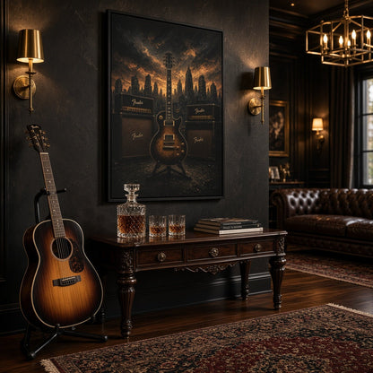 Guitar, Amps & Burning Skyline Cityscape Canvas