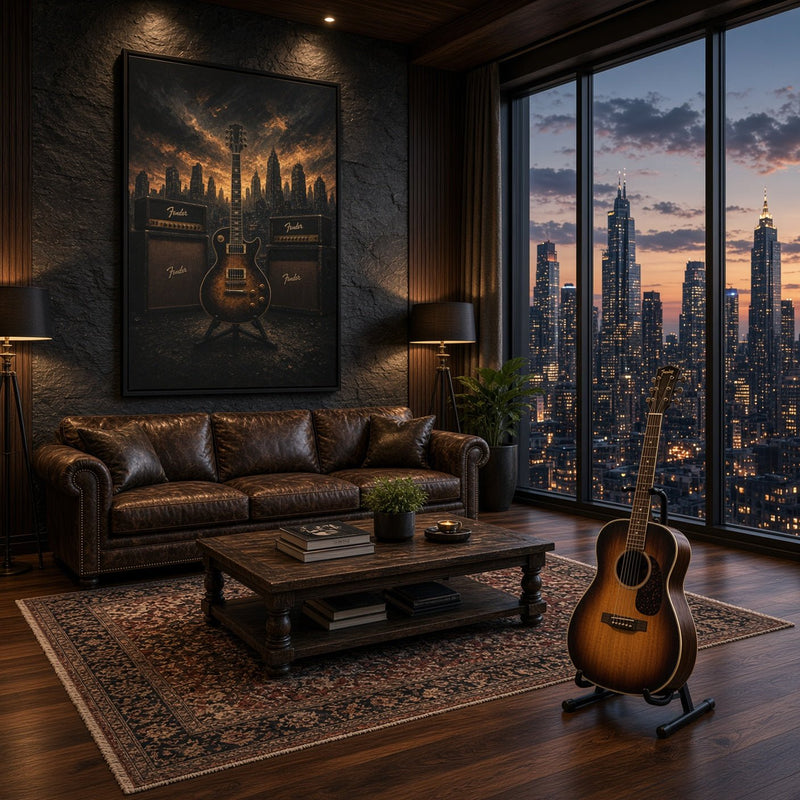 Guitar, Amps & Burning Skyline Cityscape Canvas