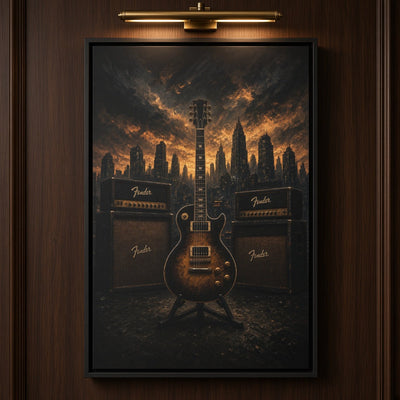 Guitar, Amps & Burning Skyline Cityscape Canvas