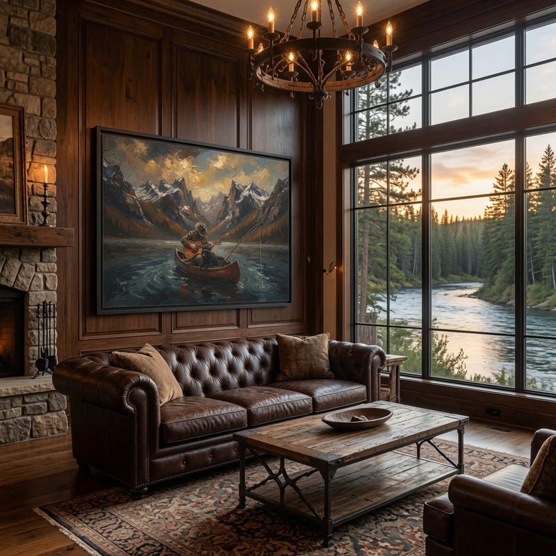 Framed Canvas - Lakeside Serenade - Canoe Guitar & Fishing With Mans Best Friend