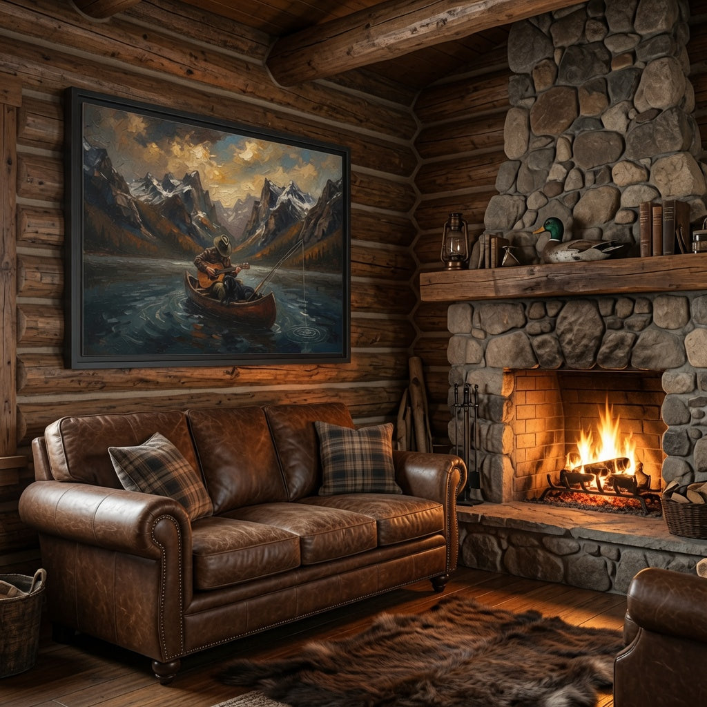 Framed Canvas - Lakeside Serenade - Canoe Guitar & Fishing With Mans Best Friend