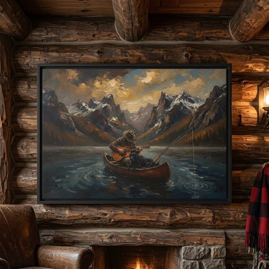 Black-framed canvas print: canoe on a lake with mountains and a dog