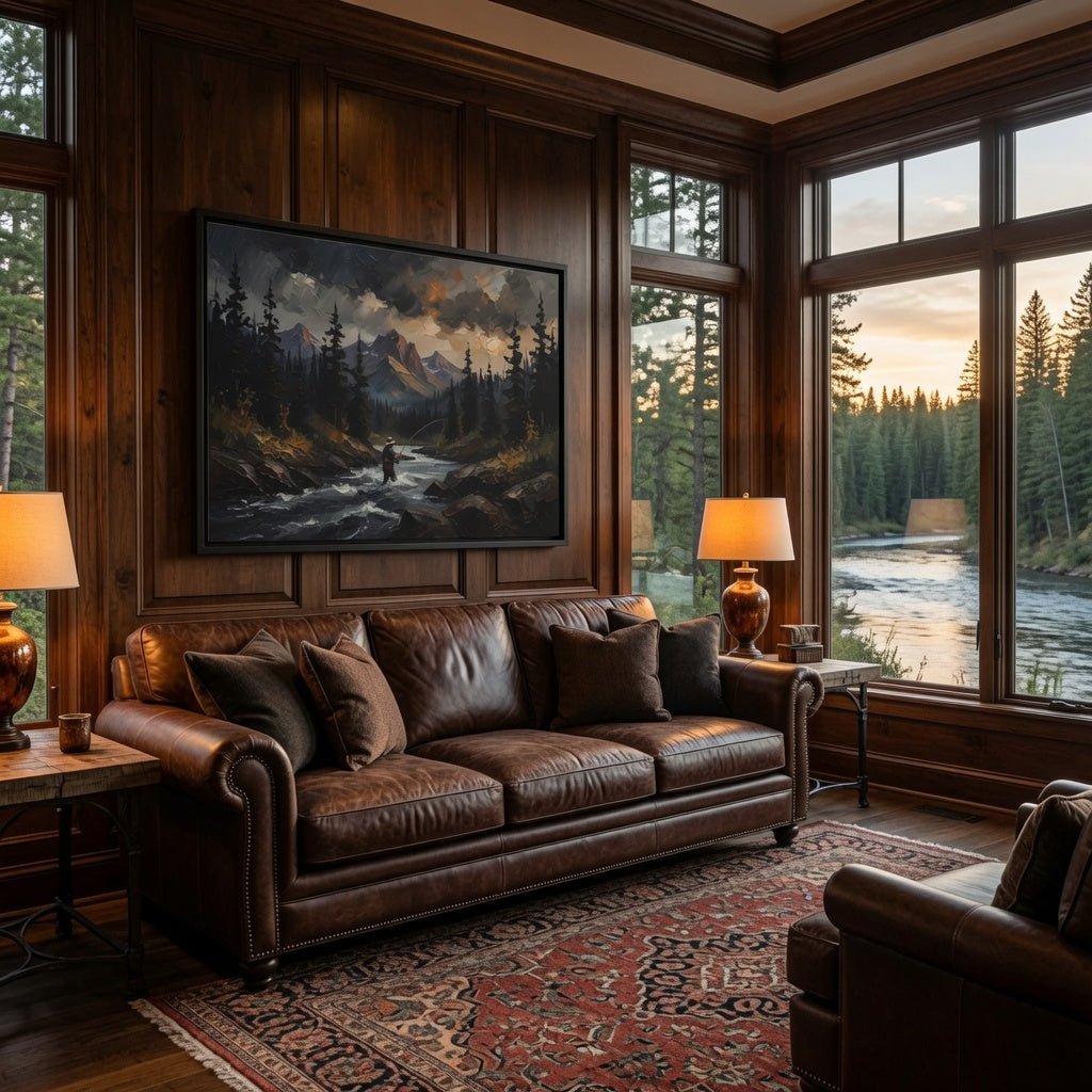 Black framed matte canvas wall art showing a fly fisherman in a mountain forest scene