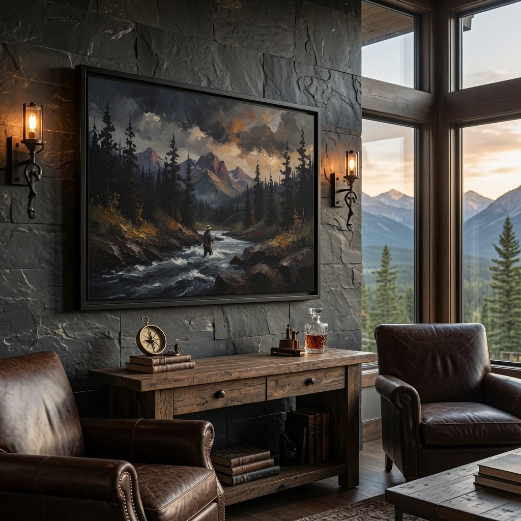 Black framed matte canvas of a wilderness river with a fly fisherman and pine trees