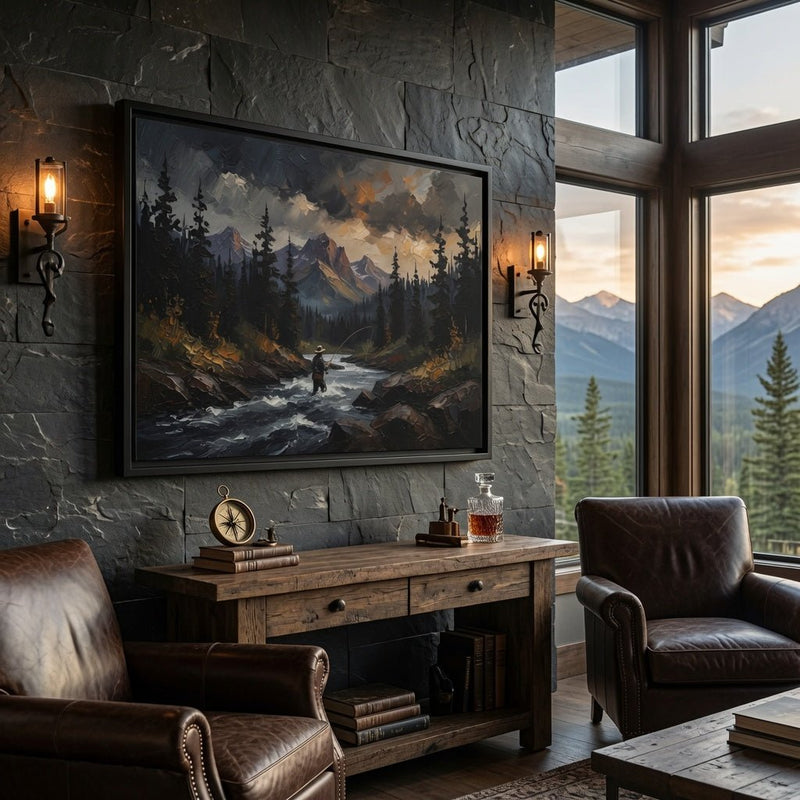 Black framed matte canvas of a wilderness river with a fly fisherman and pine trees