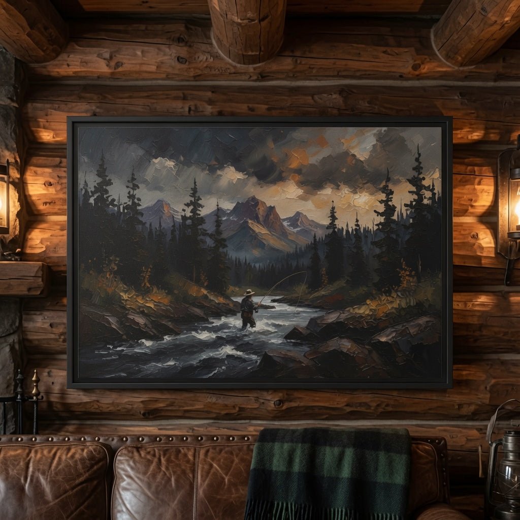 Black framed matte canvas wall art featuring a fly fisherman in a rocky mountain stream