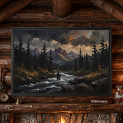 Black framed matte canvas landscape print with mountains, pines, clouds, and a fly fisherman